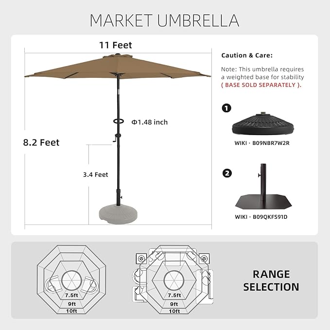 wikiwiki 11 FT Patio Umbrellas Outdoor Table Market Umbrella with Push Button Tilt/Crank, 8 Sturdy Ribs, Fade Resistant Waterproof POLYESTER DTY Canopy for Garden, Lawn, Deck, Backyard & Pool, Tan