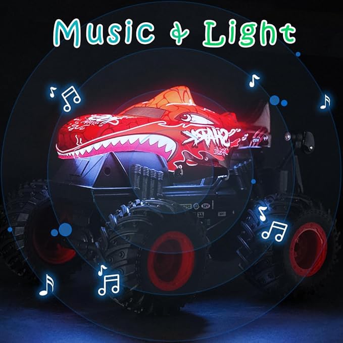 1:20 RC Car for Kids, 2.4GHz Remotes, Red Shark Monster Truck Toys, All Terrain Stunt Remote Control Car with Music, Light, 2 Rechargeable Batteries, Gifts Presents for Boys/Girls Ages 3+