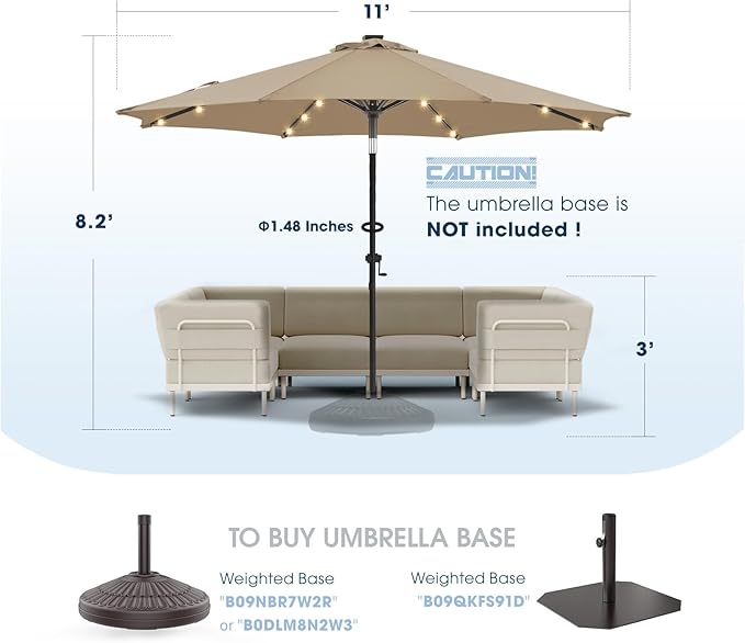 wikiwiki 11ft Solar Led Patio Umbrella, Sturdy Outdoor Market Umbrella for Deck, Pool, Garden w/Tilt, Crank, 32 LED Lights, Tan