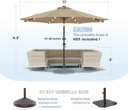wikiwiki 11ft Solar Led Patio Umbrella, Sturdy Outdoor Market Umbrella for Deck, Pool, Garden w/Tilt, Crank, 32 LED Lights, Tan