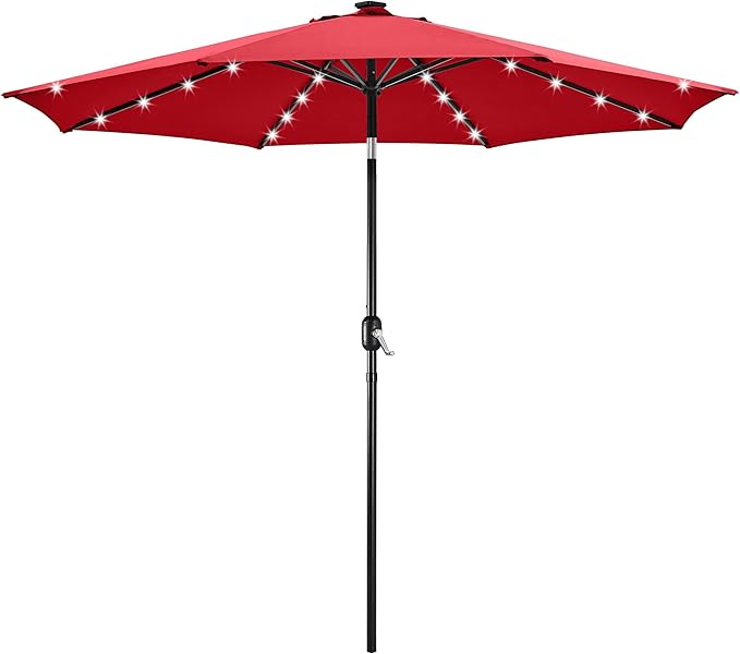 Yaheetech 10FT Solar Powered Patio Umbrella - UV Protection Market Table Umbrella w/ 32 LED Lights & Push Button Tilt & Crank Lift System for Garden/Lawn/Deck/Backyard/Pool,Red