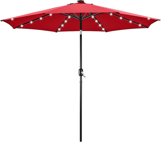 Yaheetech 10FT Solar Powered Patio Umbrella - UV Protection Market Table Umbrella w/ 32 LED Lights & Push Button Tilt & Crank Lift System for Garden/Lawn/Deck/Backyard/Pool,Red