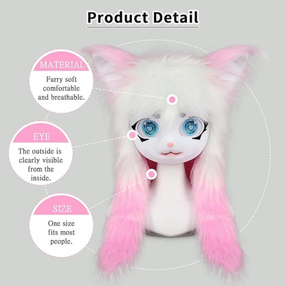 JUNBOON Furry Animal Headgear Beast Full Head Mask Headwear Doll Cosplay Costume Halloween Fursuit