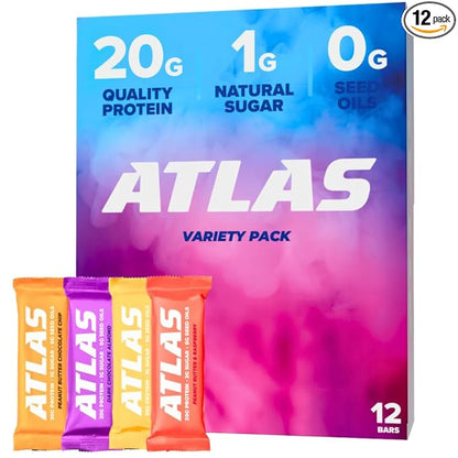 Atlas Protein Bar, 20g Clean Protein, 1g Natural Sugar, No Seed Oils, Gluten Free, No Artificial Sweeteners, Ultimate Whey Variety, 12 Pack