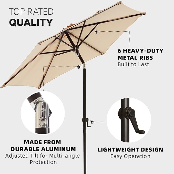 wikiwiki 7.5 FT Patio Umbrellas Outdoor Table Market Umbrella with Push Button Tilt/Crank, 6 Sturdy Ribs, Fade Resistant Waterproof POLYESTER DTY Canopy for Garden, Lawn, Deck, Backyard & Pool, Beige