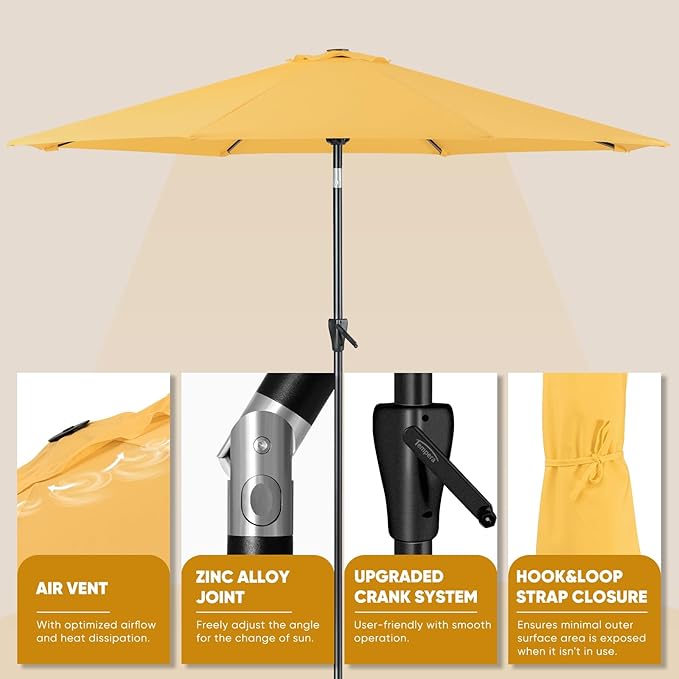 Tempera Patio Market Outdoor Table Umbrella with Push Button Tilt and Crank,Large Sun Umbrella with Sturdy Pole&Fade resistant canopy,Easy to set