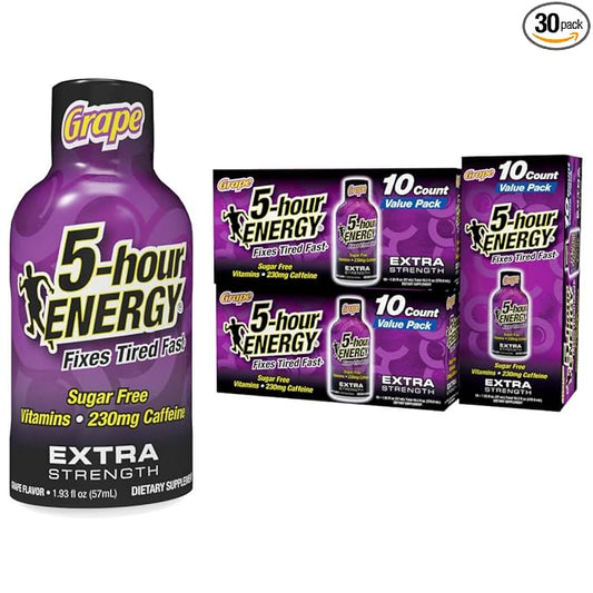 5-hour ENERGY Extra Strength Energy Shot, Grape Flavor, 1.93 oz., 30 Count, Zero Calories & Sugar-Free 230 mg Caffeinated Energy Shot, Amino Acids & B Vitamins, Dietary Supplements