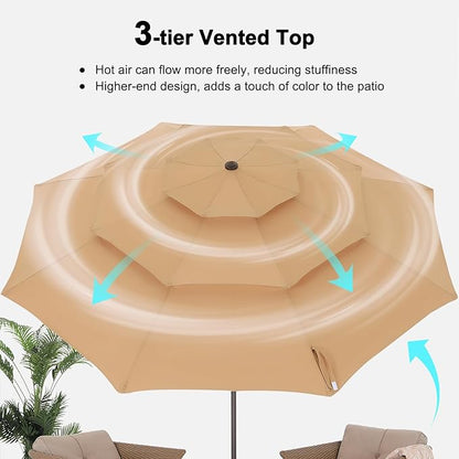 ABCCANOPY 11Ft 3 Tiers Market Umbrella Patio Umbrella Outdoor Table Umbrella (Khaki)