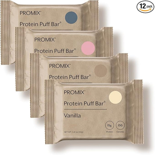 ProMix Nutrition Protein Puff Bars - Variety Pack - Vanilla, Chocolate, Strawberry, Blueberry - Marshmallow Crispy Treat - High Protein & Low Calorie - 12 Bars
