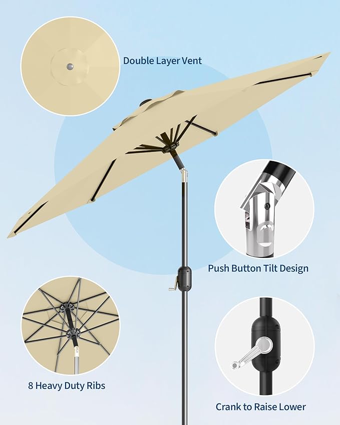 9FT Patio Umbrella Outdoor, Market Umbrella, Table Umbrella with Push Button Tilt and Crank, 8 Sturdy Ribs UV Protection Waterproof for Garden, Pool, Deck, Backyard (Beige)