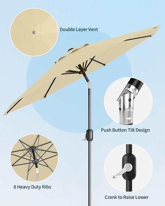 9FT Patio Umbrella Outdoor, Market Umbrella, Table Umbrella with Push Button Tilt and Crank, 8 Sturdy Ribs UV Protection Waterproof for Garden, Pool, Deck, Backyard (Beige)