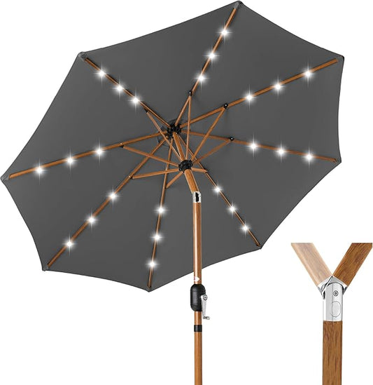 Best Choice Products 10ft Solar Market Patio Umbrella w/Woodgrain Pattern Pole, LED Lights, Tilt & Crank – Outdoor Sun Shade for Backyard Table, Deck, Poolside – Gray