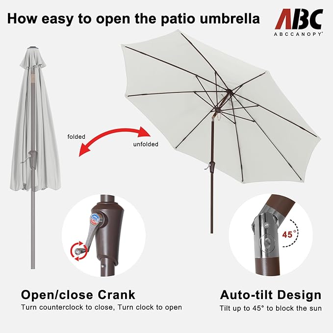 ABCCANOPY 10FT Patio Umbrella, Outdoor Waterproof Table Umbrella with Push Button Tilt and Crank, 8 Ribs UV Protection Pool Umbrella for Garden, Lawn, Deck & Backyard (Light Beige)