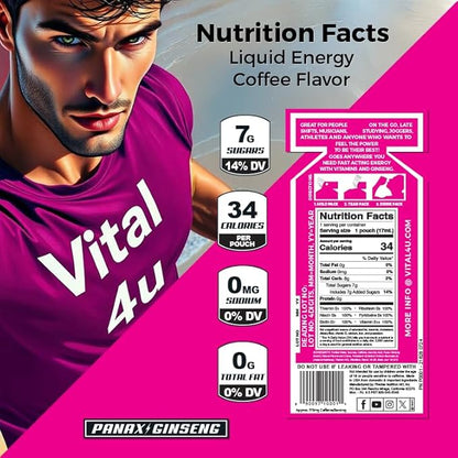 Vital 4U® Liquid Energy Shot - Ginseng, B Vitamins, Naturally Sweetened, Coffee Flavor, 24 ct
