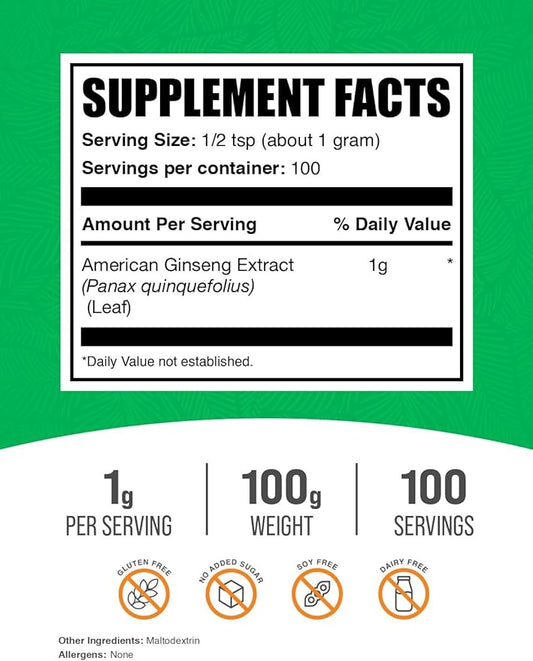 BulkSupplements.com American Ginseng Extract Powder - Ginseng Supplement, Herbal Supplements - Gluten Free, 1g per Serving, 100g (3.5 oz) (Pack of 1)
