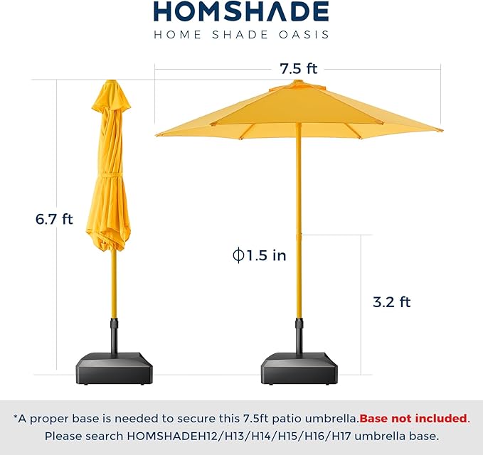 7.5ft Outdoor 1S Push-Up Patio Umbrella - Market Table Pool Deck Umbrella UPF50+ UV Protection with 6 Sturdy Ribs for Balcony, Garden, Lawn, Backyard (Light Yellow)