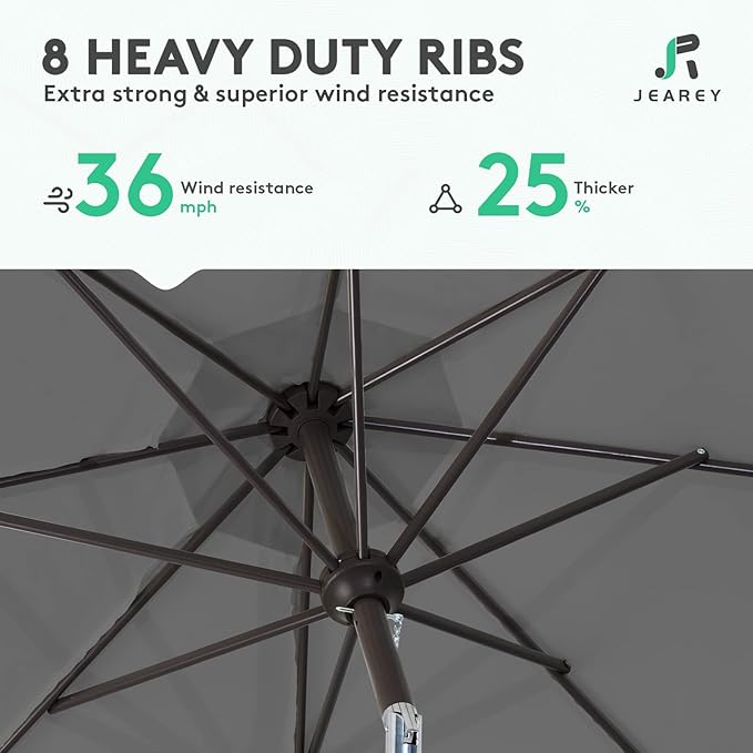 JEAREY 9FT Outdoor Patio Umbrella Outdoor Table Umbrella with Push Button Tilt and Crank, Market Umbrella 8 Sturdy Ribs UV Protection Waterproof for Garden, Deck, Backyard, Pool (Dark Gray)