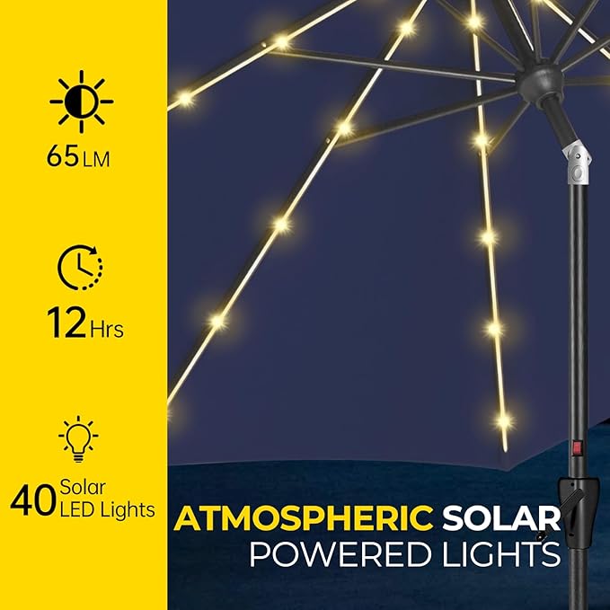 Tempera Solar Patio Umbrella 40 LED Lighted Outdoor Umbrella Table Market Umbrella with Push Button Tilt and Crank, Solar Umbrella with Sturdy Pole&Fade Resistant Canopy, Easy to Set