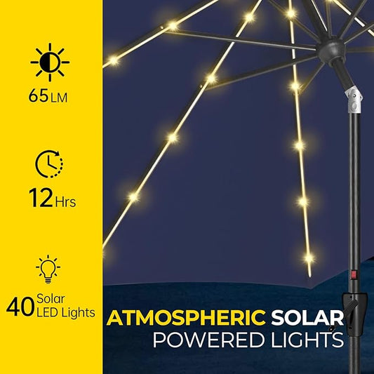 Tempera Solar Patio Umbrella 40 LED Lighted Outdoor Umbrella Table Market Umbrella with Push Button Tilt and Crank, Solar Umbrella with Sturdy Pole&Fade Resistant Canopy, Easy to Set