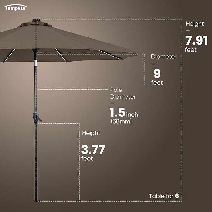 Tempera Solar Patio Umbrella 40 LED Lighted Outdoor Umbrella Table Market Umbrella with Push Button Tilt and Crank, Solar Umbrella with Sturdy Pole&Fade Resistant Canopy, Easy to Set