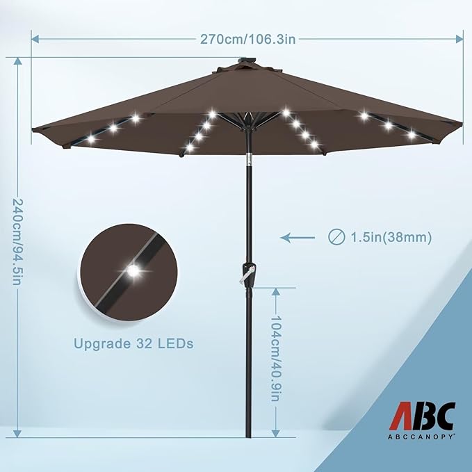 ABCCANOPY Durable Solar Led Patio Umbrellas with 32LED Lights 9FT (Brown)