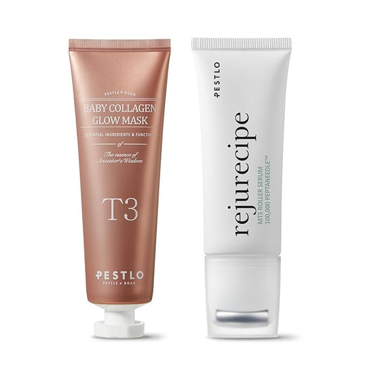 PESTLO Elasticity Boost Skincare Set | Baby Collagen Glow Mask & Rejurecipe Spicule Roller Serum | Hydrate, Firm, Reduce Wrinkles | Patented Reallagen & Gua Sha Serum