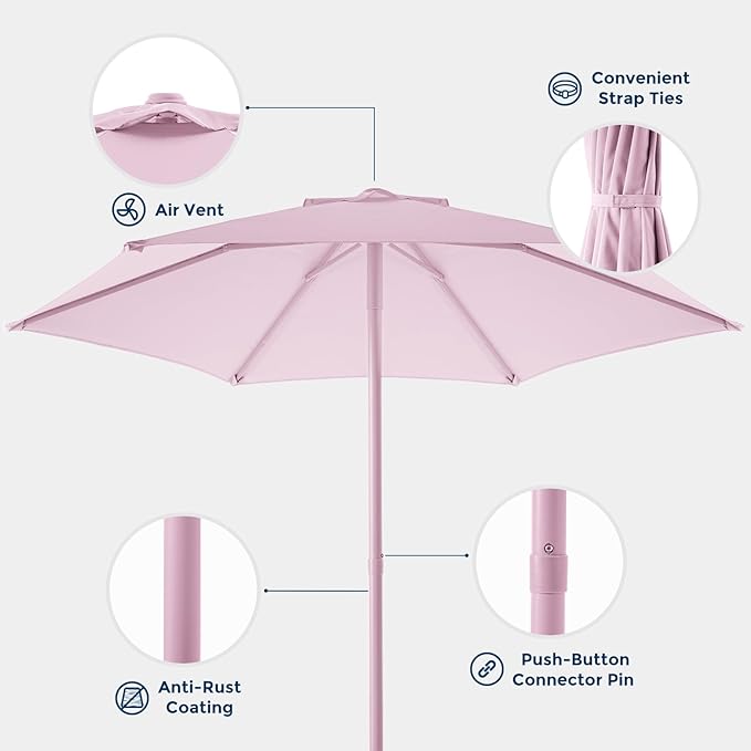 7.5ft Outdoor 1S Push-Up Patio Umbrella - Market Table Pool Deck Umbrella UPF50+ UV Protection with 6 Sturdy Ribs for Balcony, Garden, Lawn, Backyard (Light Pink)
