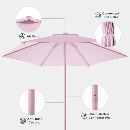 7.5ft Outdoor 1S Push-Up Patio Umbrella - Market Table Pool Deck Umbrella UPF50+ UV Protection with 6 Sturdy Ribs for Balcony, Garden, Lawn, Backyard (Light Pink)