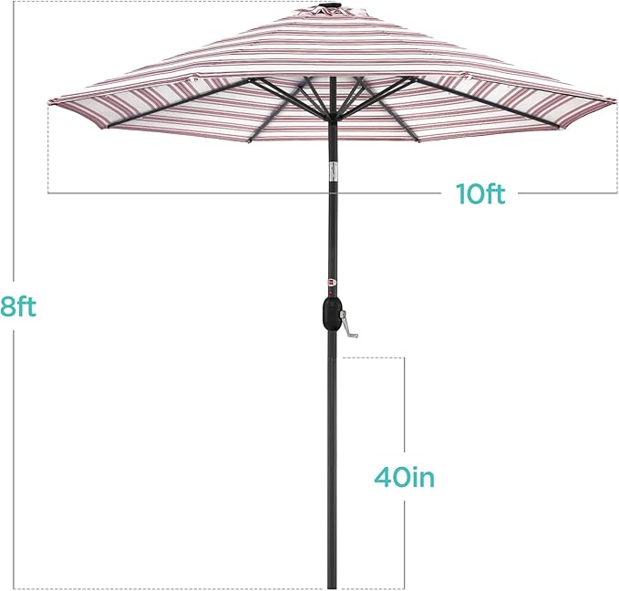 Best Choice Products 10ft Solar Polyester LED Lighted Patio Umbrella w/Tilt Adjustment and UV-Resistant Fabric - Striped Burgundy
