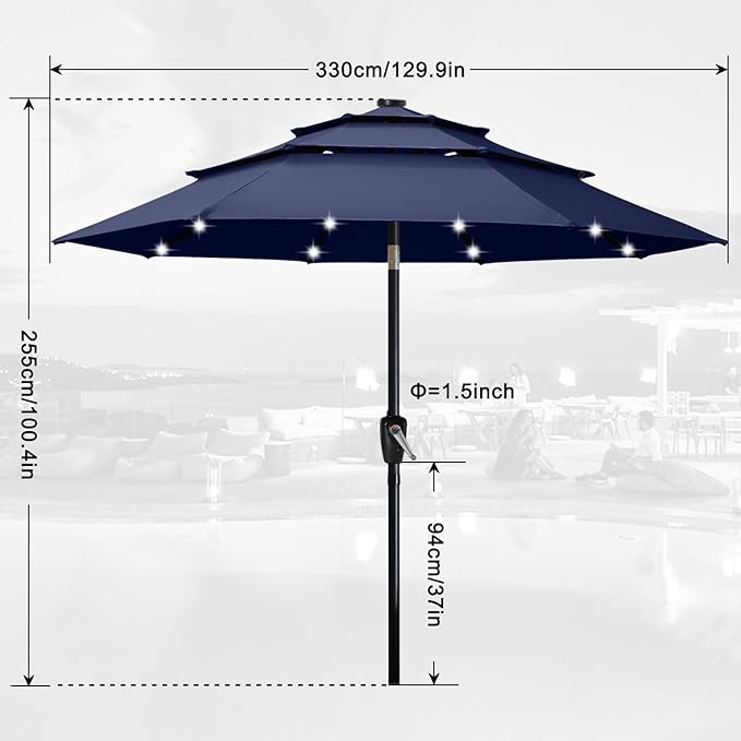 ABCCANOPY Solar Led Patio Umbrella 3-Tiers 11FT (Navy Blue)