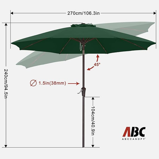 ABCCANOPY 9FT Outdoor Patio Umbrella, 8 Ribs Table Umbrella w/Crank for Easy Set Up, Suitable for Garden, Lawn, Deck & Backyard (Forest Green)