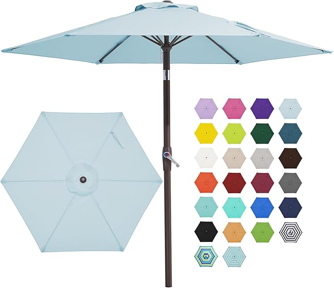JEAREY 7.5FT Patio Umbrellas Outdoor Umbrella Table Market Umbrella with 6 Ribs,Tilt Button for Pool Deck Backyard Garden,Light Blue