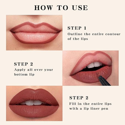 Longwear Liquid Lip Liner, Matte Lip Tint Stain Marker Pen, 2 in1 Liquid Lipstick & Lip Liner Pencil, Long Lasting Waterproof Lip gloss for Women, Fuller Lips Makeup (03+04)