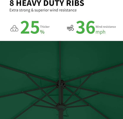 8 * 10FT Rectangular Patio Umbrella Table Market Umbrella w/Crank Outdoor Umbrellas for Garden, Deck, Backyard, Pool and Beach, Dark Green
