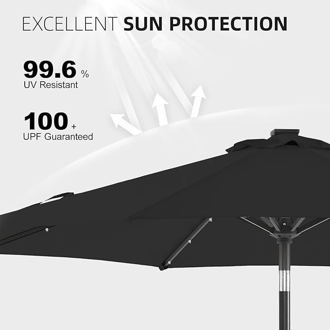 wikiwiki 9ft Solar Led Patio Umbrella, Sturdy Outdoor Market Umbrella for Deck, Pool, Garden w/Tilt, Crank, 32 LED Lights, Carbon Grey