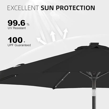 wikiwiki 9ft Solar Led Patio Umbrella, Sturdy Outdoor Market Umbrella for Deck, Pool, Garden w/Tilt, Crank, 32 LED Lights, Carbon Grey