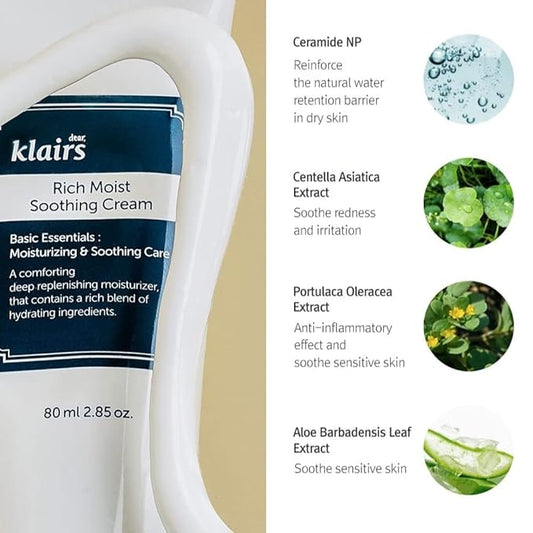 DearKlairs Rich Moist Soothing Cream 80ml, Repair Skin Barrier, Sensitive Skin, Hypoallergenic, Centella Asiatica, Ceramide, Moisturizer, Full Hydration, Non-sticky texture, Korean Moisturizer