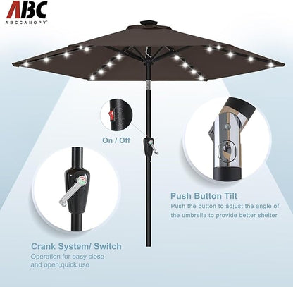 ABCCANOPY Durable Solar Led Patio Umbrellas with 24LED Lights 7.5FT with 6 Sturdy Ribs (True Brown)