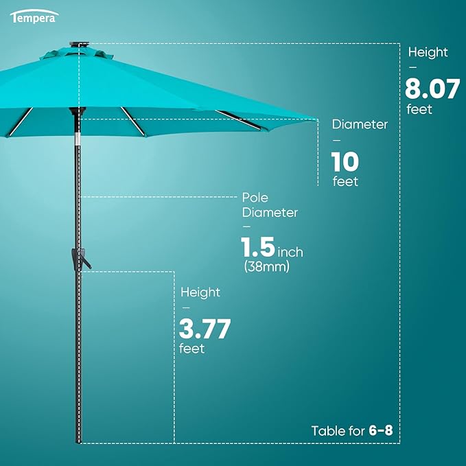 Tempera Solar Patio Umbrella 40 LED Lighted Outdoor Umbrella Table Market Umbrella with Push Button Tilt and Crank, Solar Umbrella with Sturdy Pole&Fade Resistant Canopy, Easy to Set