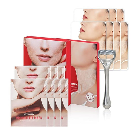 MEDITHERAPY Wrinkle-fit Face Mask & Wrinkle-fit Neck Mask + Facial Roller - Neck Wrinkle Patches, Neck Firming and Tightening Korean Deep Collagen Mask - Mesh Sheet Mask for Lifting Sagging Skin