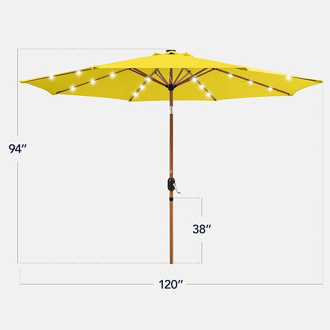 Best Choice Products 10ft Solar Market Patio Umbrella w/Woodgrain Pattern Pole, LED Lights, Tilt & Crank – Outdoor Sun Shade for Backyard Table, Deck, Poolside – Yellow