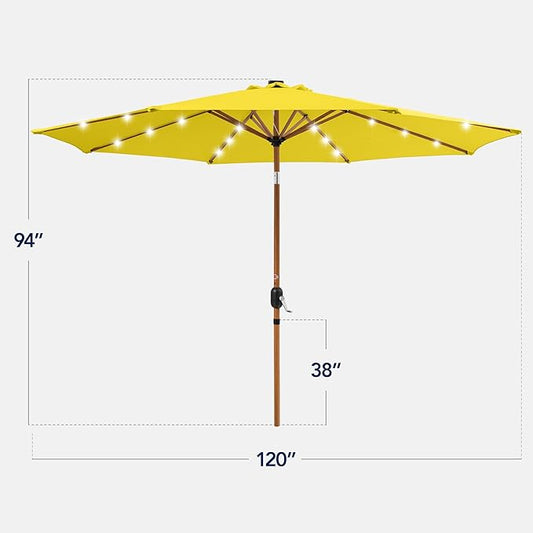 Best Choice Products 10ft Solar Market Patio Umbrella w/Woodgrain Pattern Pole, LED Lights, Tilt & Crank – Outdoor Sun Shade for Backyard Table, Deck, Poolside – Yellow