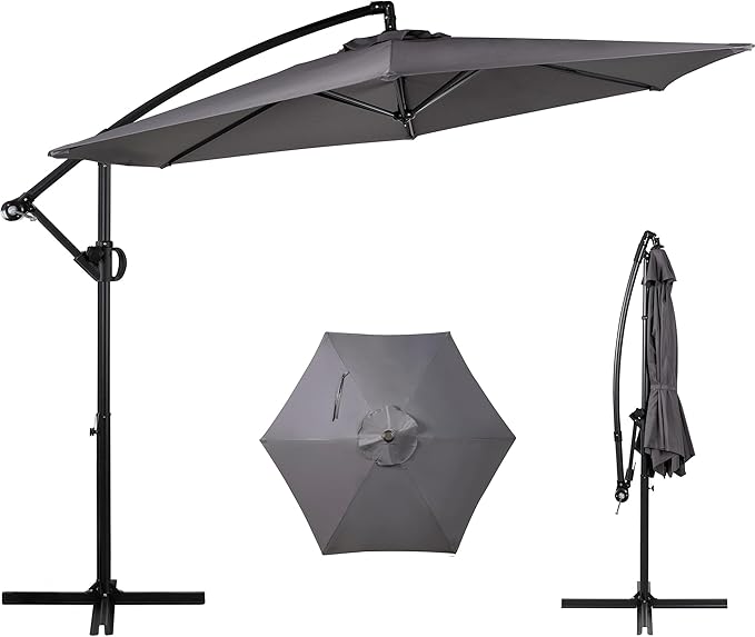 Shintenchi Patio Umbrella,Hanging Offset Umbrella, Outdoor Cantilever Hanging Umbrella with Easy Tilt,Crank, Cross Base, Poolside Sun Shade Canopy, Dark Gray