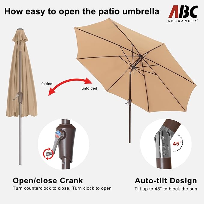 ABCCANOPY 10FT Patio Umbrella, Waterproof Table Umbrella with Push Button Tilt and Crank, 8 Ribs UV Protection Pool Umbrella for Garden, Lawn, Deck & Backyard (Khaki)