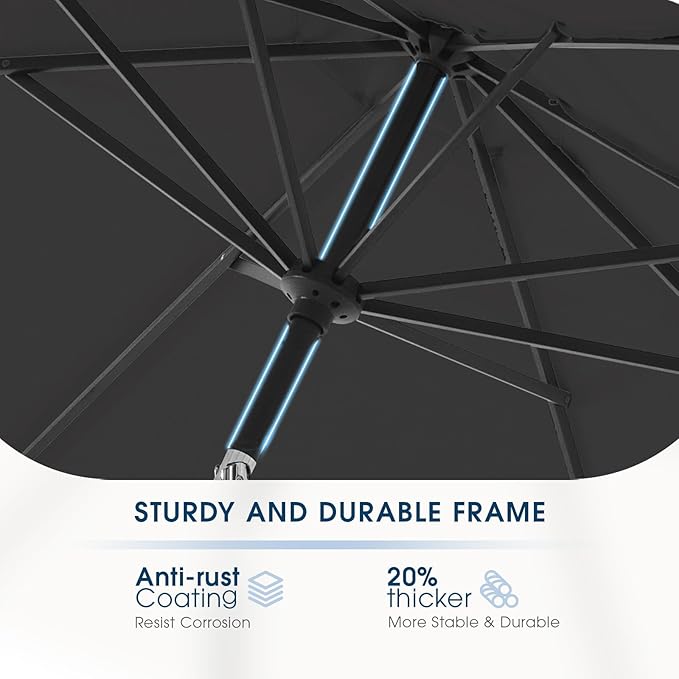wikiwiki 9 FT Patio Umbrellas Outdoor Table Market Umbrella with Push Button Tilt/Crank,8 Sturdy Ribs, Fade Resistant Waterproof POLYESTER DTY Canopy for Garden, Lawn, Deck, Backyard & Pool, Carbon