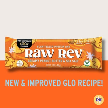 Raw Rev Vegan Protein Bars- Creamy Peanut Butter & Sea Salt, 12 bars, Non-GMO, Plastic-Neutral, Nothing Artificial, Glo Formula, Gluten-Free, Keto-Friendly, Paleo, Kosher, Soy-Free, No Sugar Alcohols, No Stevia.