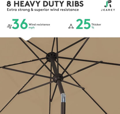 JEAREY 9FT Outdoor Patio Umbrella Outdoor Table Umbrella with Push Button Tilt and Crank, Market Umbrella 8 Sturdy Ribs UV Protection Waterproof for Garden, Deck, Backyard, Pool (Deep Tan)