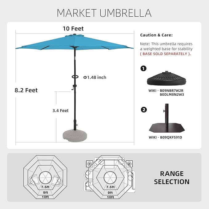 wikiwiki 10 FT Patio Umbrellas Outdoor Table Market Umbrella with Push Button Tilt/Crank, 8 Sturdy Ribs, Fade Resistant Waterproof POLYESTER DTY Canopy for Garden, Lawn, Backyard & Pool, Sky Blue