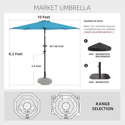 wikiwiki 10 FT Patio Umbrellas Outdoor Table Market Umbrella with Push Button Tilt/Crank, 8 Sturdy Ribs, Fade Resistant Waterproof POLYESTER DTY Canopy for Garden, Lawn, Backyard & Pool, Sky Blue
