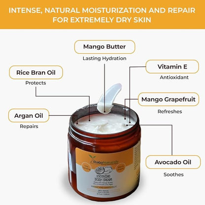RaGaNaturals Natural Mango Butter Body Cream for Dry Skin for Women, Men - Tropical Plant-Based Hydrating Moisturizer with Avocado Oil and Vitamin E - Non-Greasy, Vegan, Cruelty-Free, Smell Good -8 Oz